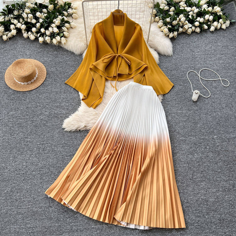 Ruffled Butterfly Sleeve Gradient Tie Cape Short Coat Top + Gradient Pleated Skirt Two-piece Suit_autovado.com