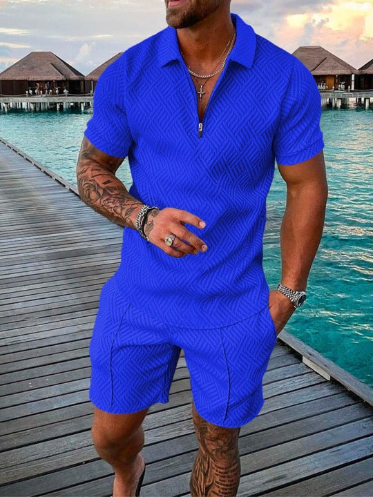 Men's Fashion Casual Suit 3D Printed Zipper Short Sleeve Polo Shirt Shorts 2-Piece Set_autovado.com