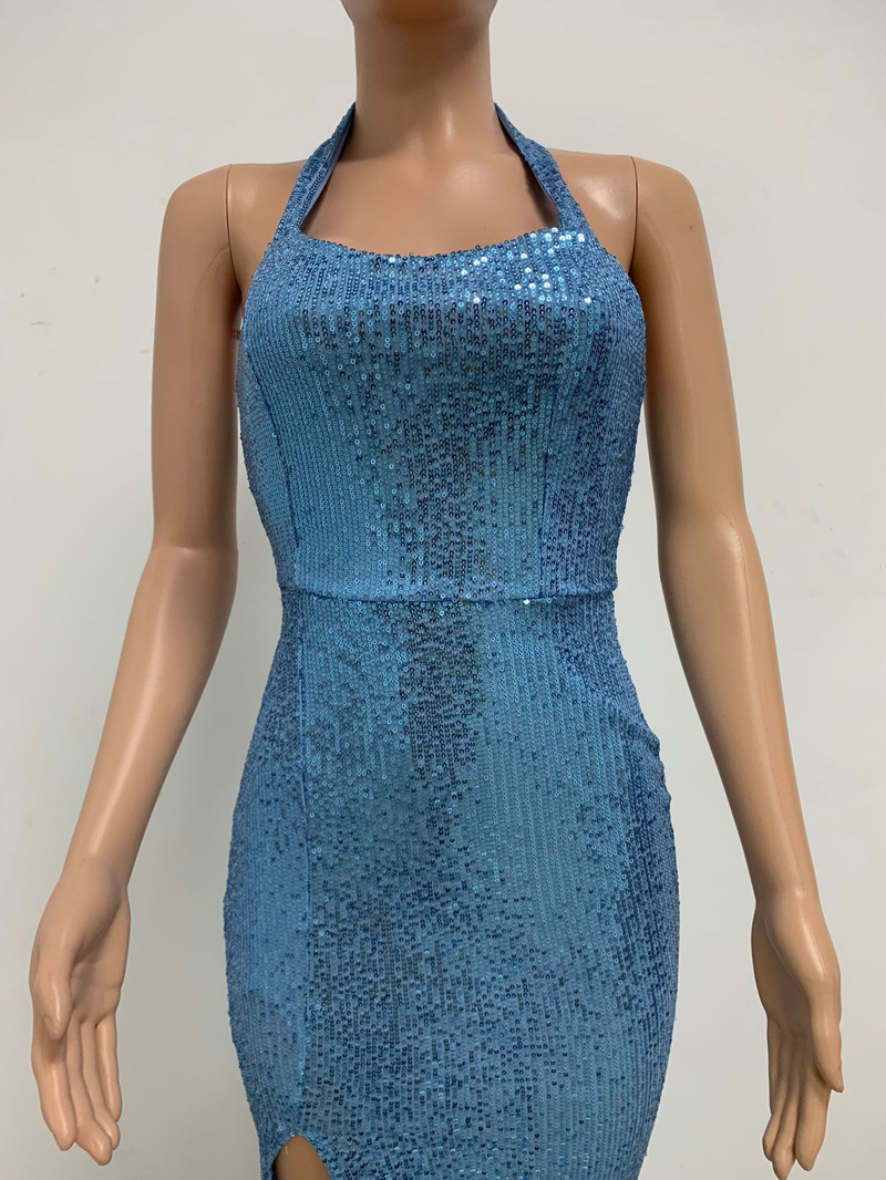 Women's slit sleeveless hot girl dress female halter neck backless sequin dress skirt_autovado.com