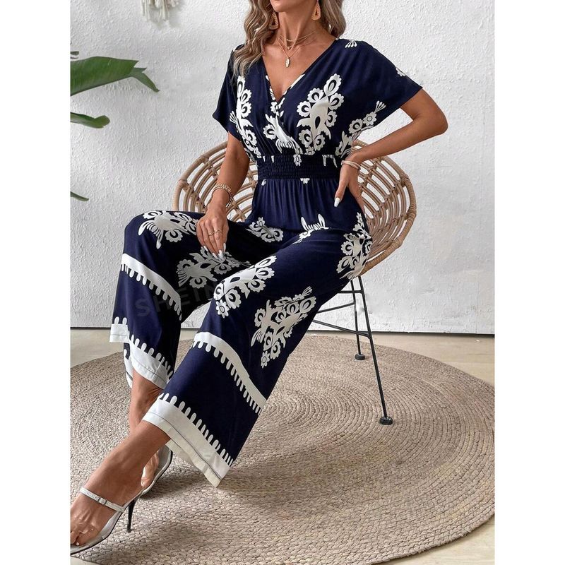 Women's V-neck bat sleeve waist jumpsuit_autovado.com
