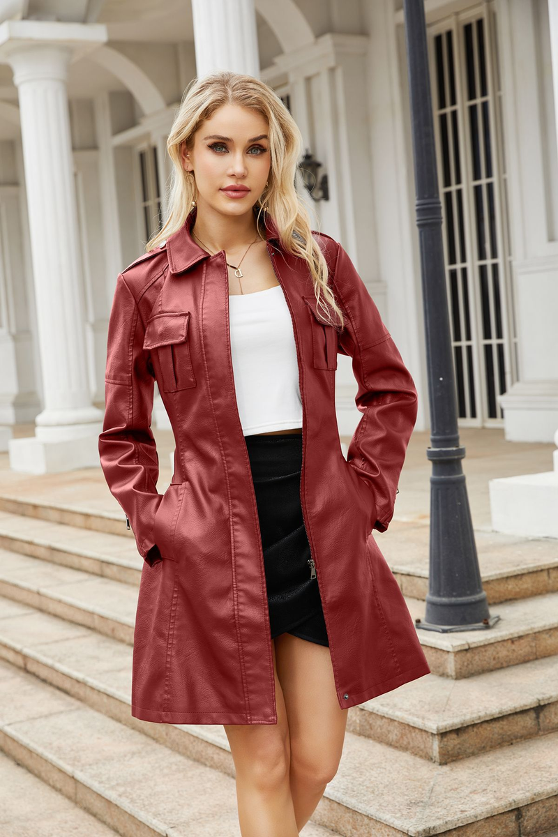 New mid-length leather coat with belt long-sleeved leather trench coat fashionable coat woman_autovado.com