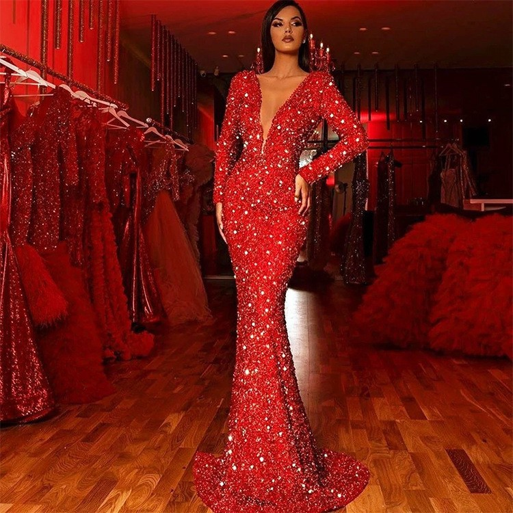 Women's Hip Dress Fishtail Edge Red Sequin Long Sleeve V-Neck Dress_autovado.com