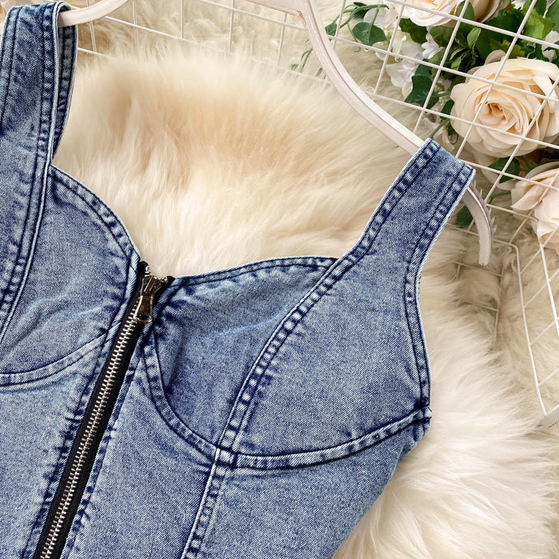 Women Sexy short camisole vest high waisted denim skirt_autovado.com
