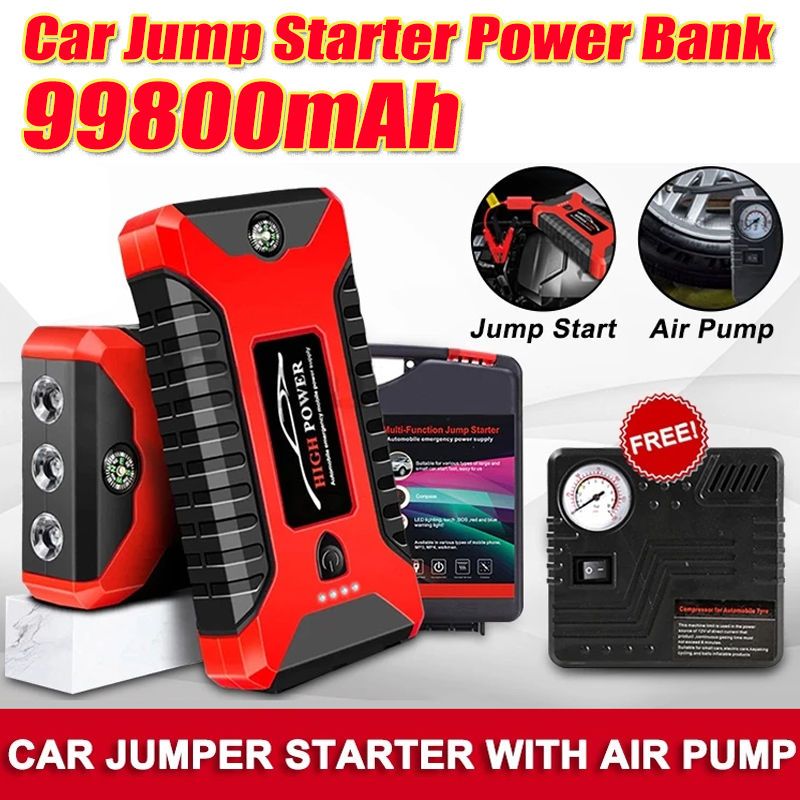 99800mAh 12V Air Pump Portable Emergency Multi-function Rechargeable Battery Jump Starter Power Bank Car Jumper With LED_autovado.com