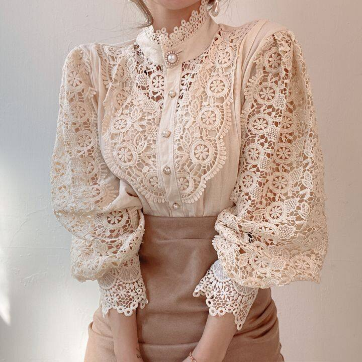 Women's French Loose And Chic Button Heavy Lace Hollow Flower Splicing Long Sleeve Stand Collar Shirt_autovado.com