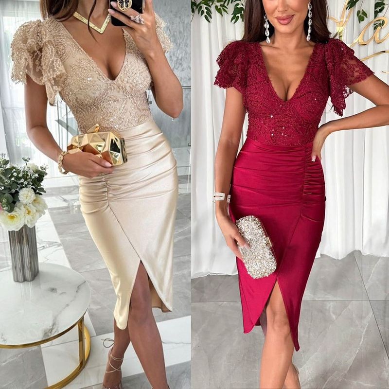Women's spring and summer new casual short-sleeved slit dress party women's dress_autovado.com