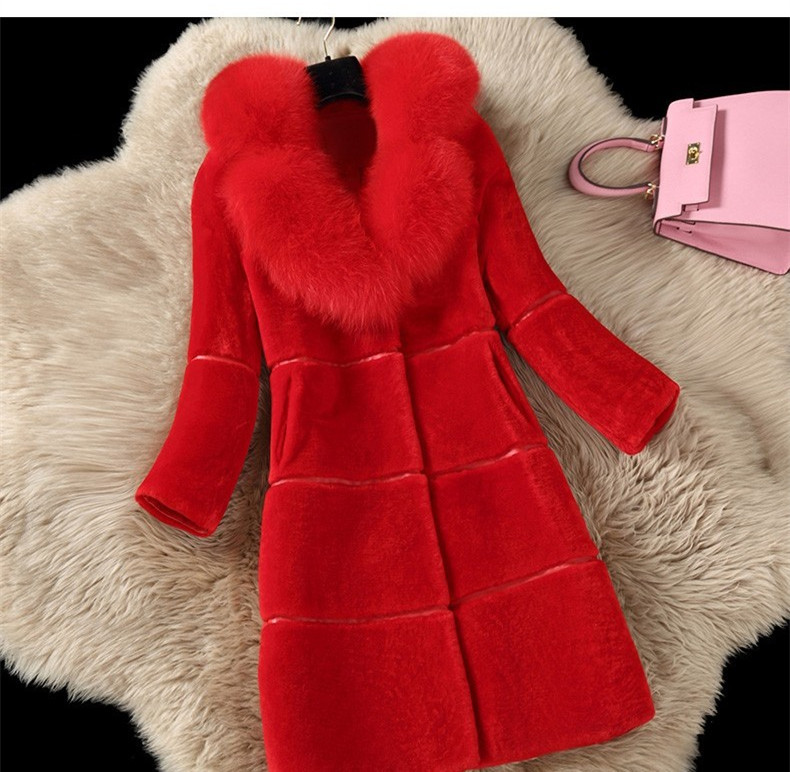 Sheepshear autumn and winter new spliced fur all-in-one mid-length imitation fox fur collar coat and fur jacket_autovado.com