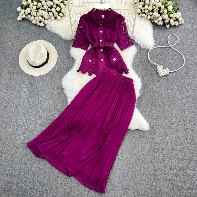 Women's fashion single breasted lace shirt two-piece set high waist a line pleated skirt_autovado.com