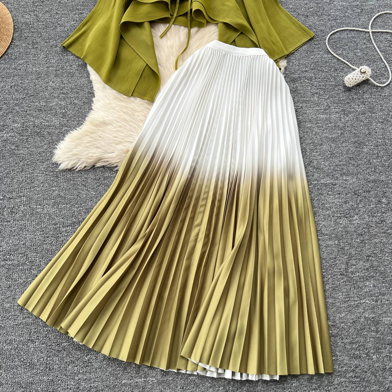Ruffled Butterfly Sleeve Gradient Tie Cape Short Coat Top + Gradient Pleated Skirt Two-piece Suit_autovado.com