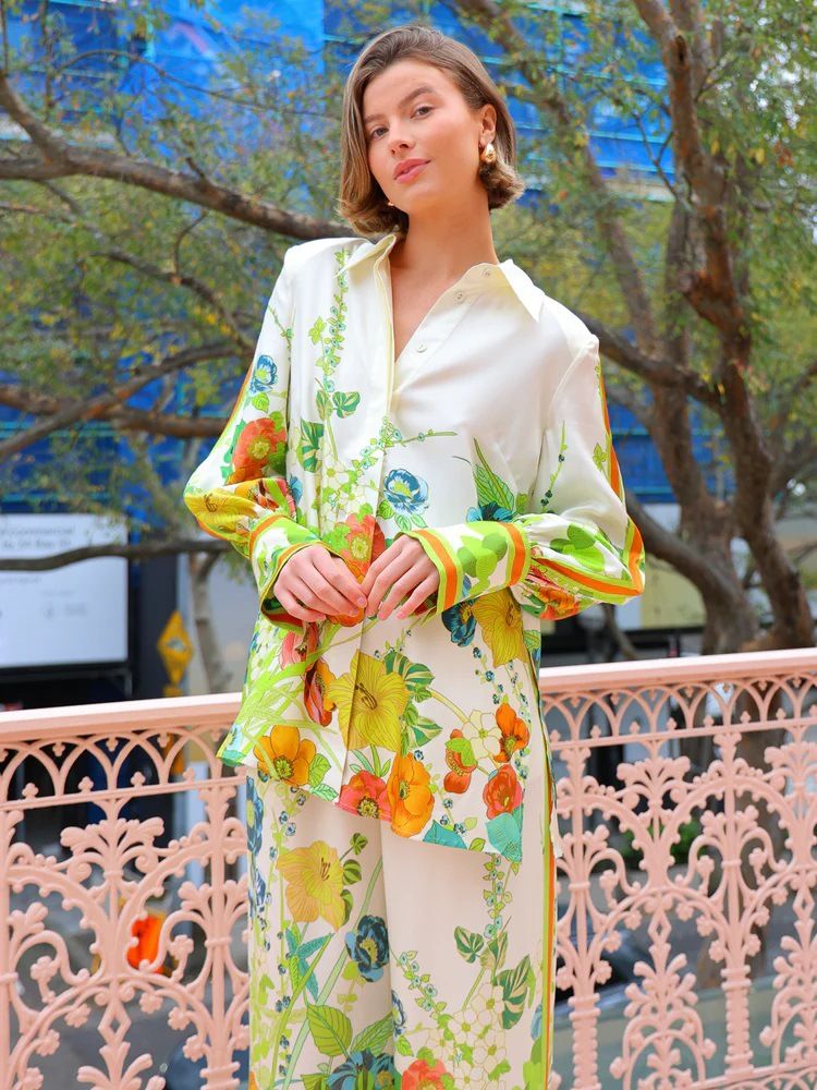 Women's Clothing new printed holiday long sleeved two piece suit INS loose casual trousers suit _autovado.com