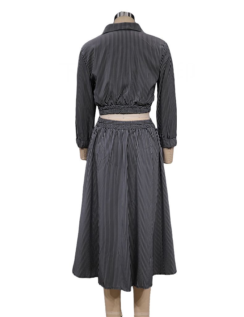 Women's Clothing Fashion Style Long Sleeve Striped Shirt Set Skirt Two Piece Set_autovado.com