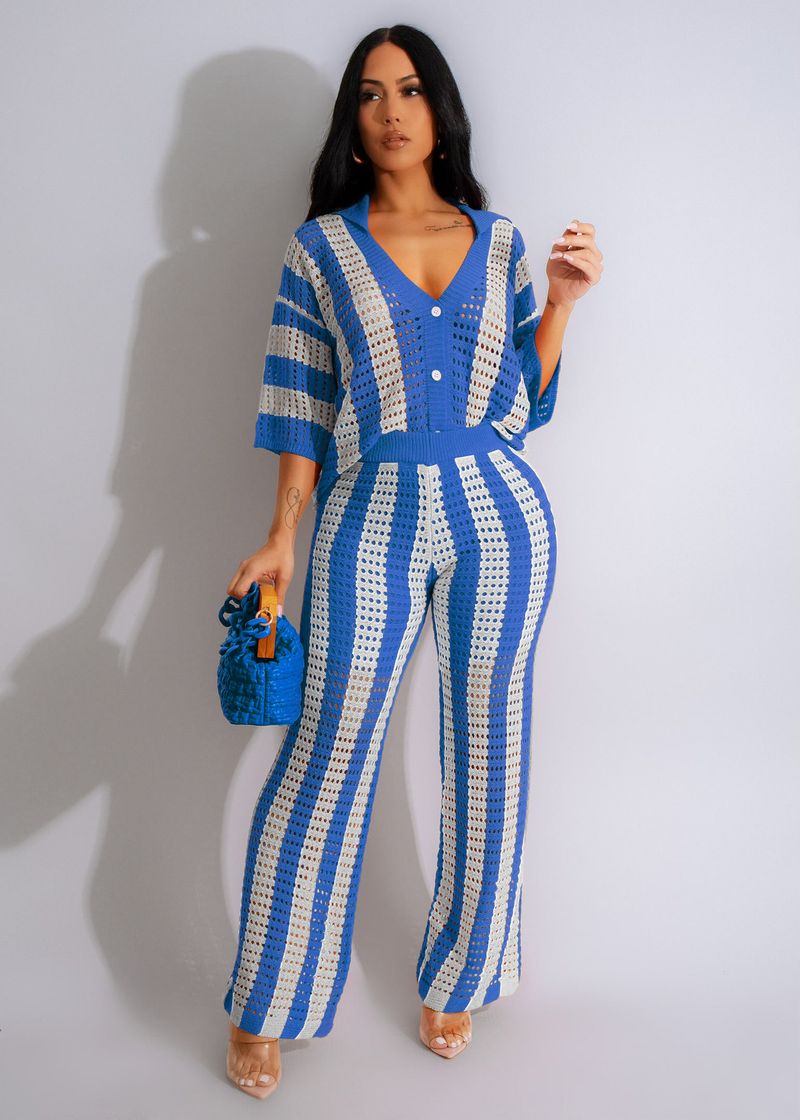 Women's Clothing sexy ladies V-neck hollow striped lapel knitted wide pants suit_autovado.com