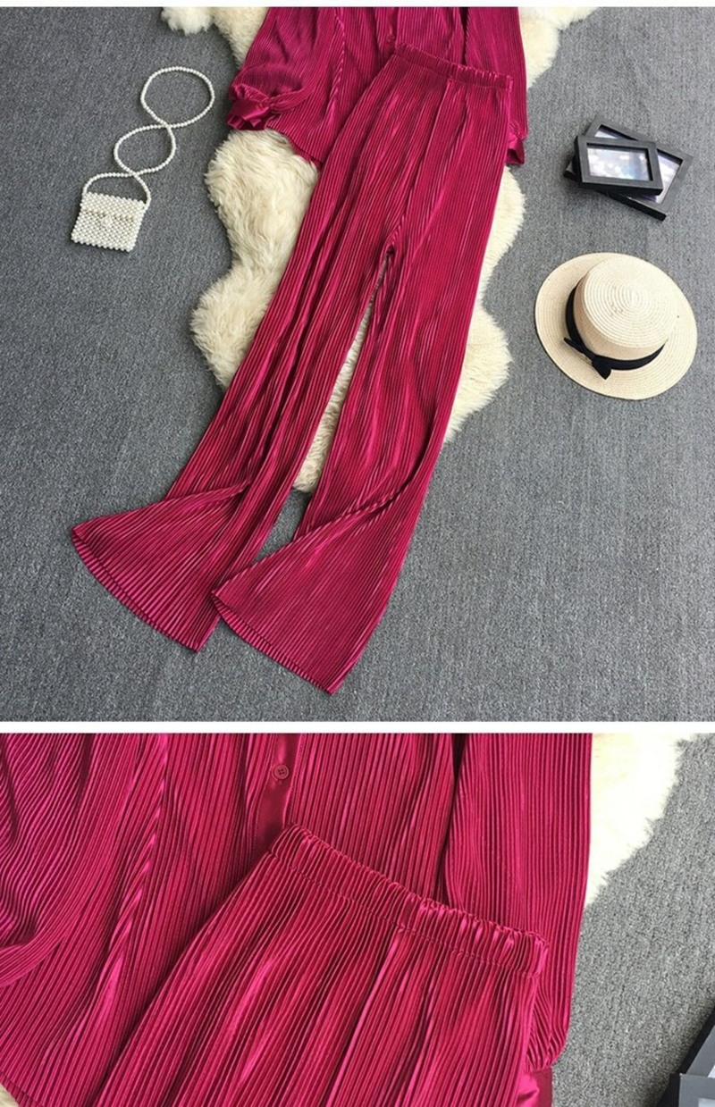 Women's Fashion Clean Color Shirt Two-piece Set Of High Waist Vertical Vertical Wide Leg Pants_autovado.com