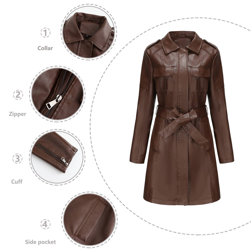 New mid-length leather coat with belt long-sleeved leather trench coat fashionable coat woman_autovado.com