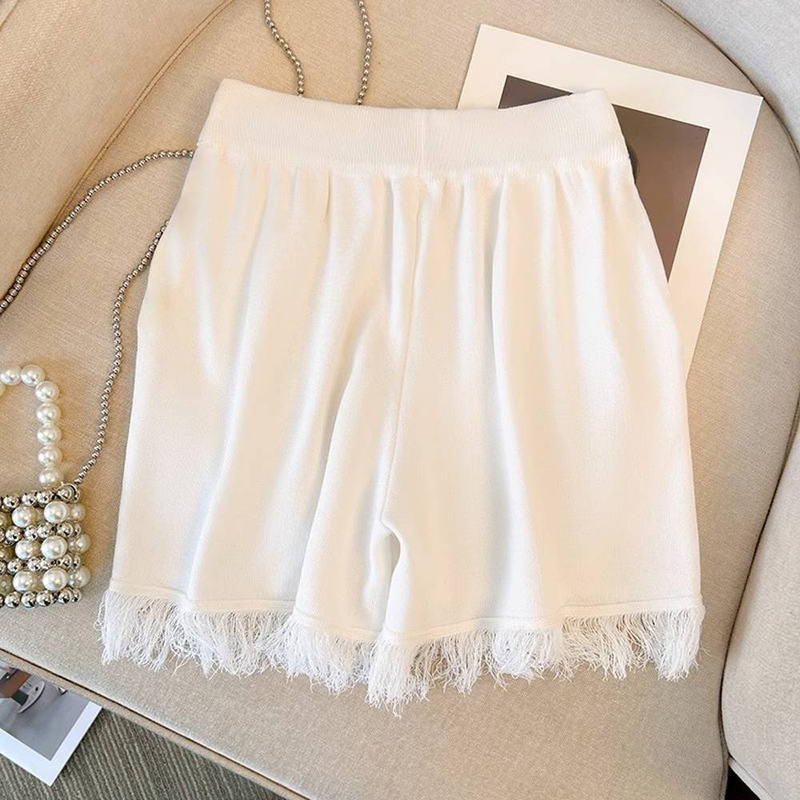 Women's Pink Tassel Knitted Small Camisole + High Waist Wide Leg Casual Shorts_autovado.com