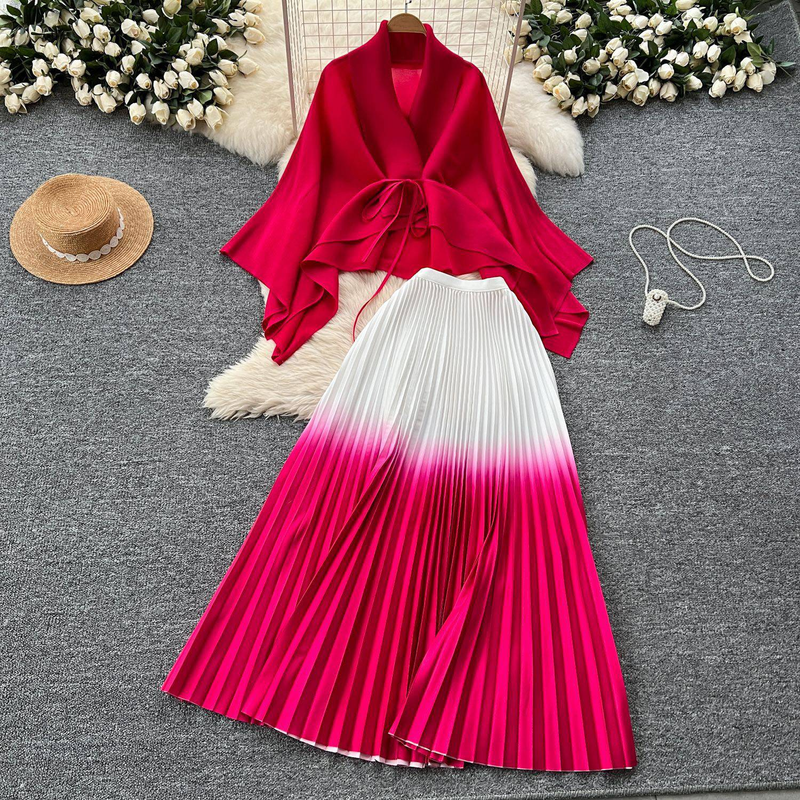 Ruffled Butterfly Sleeve Gradient Tie Cape Short Coat Top + Gradient Pleated Skirt Two-piece Suit_autovado.com