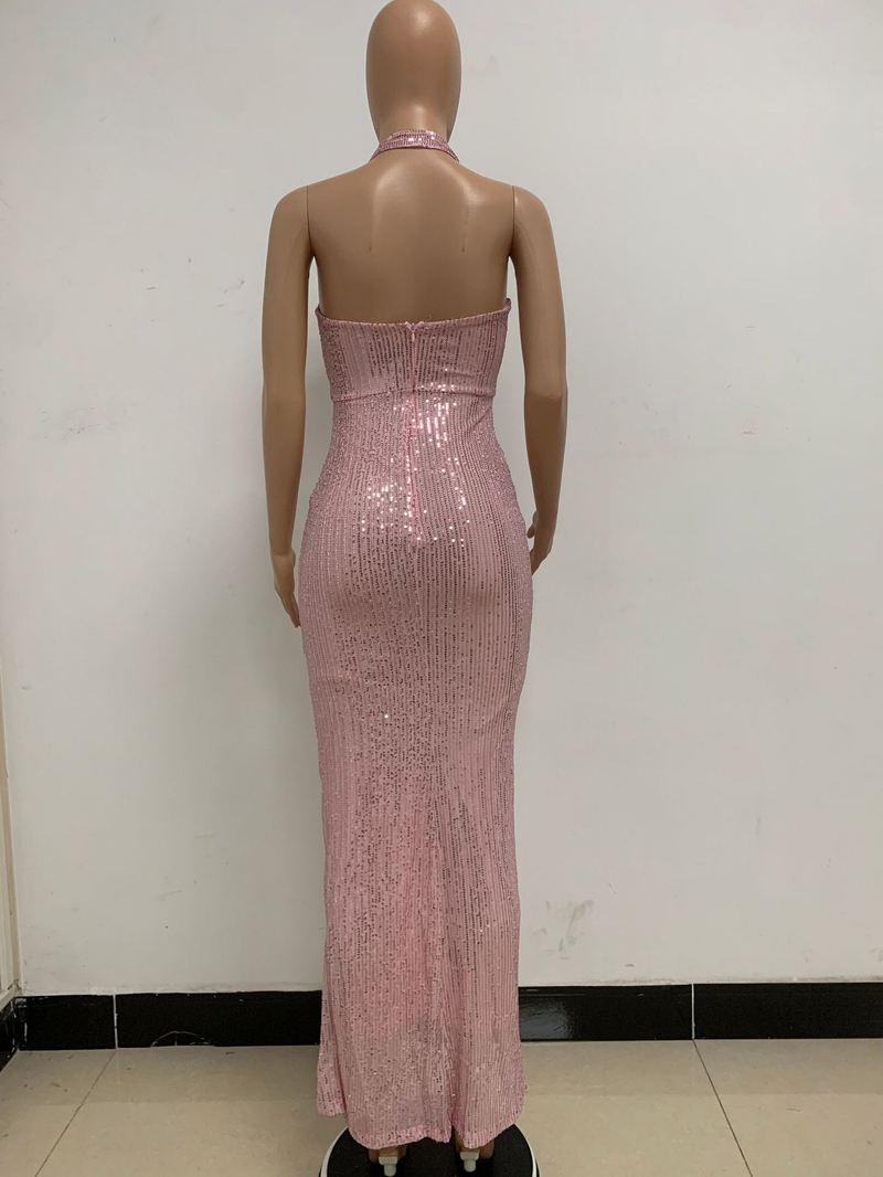 Women's slit sleeveless hot girl dress female halter neck backless sequin dress skirt_autovado.com