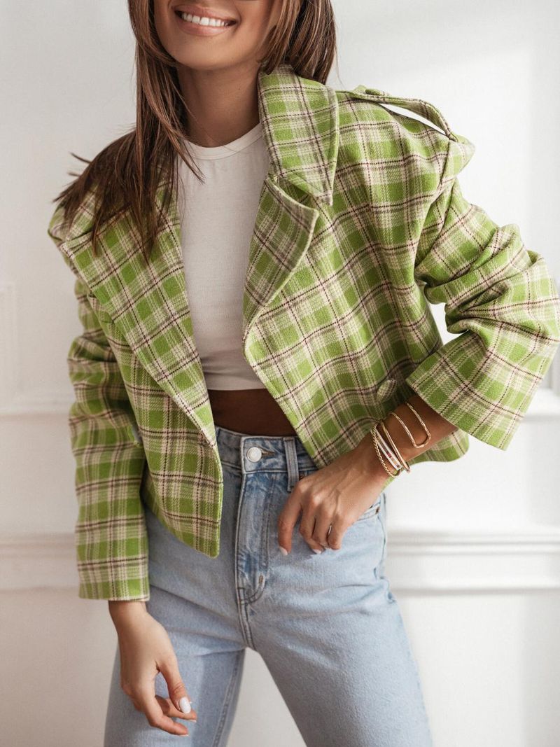 Women's Clothing New 2024 Fashion Suit Collar Plaid Printed Wool Coat_autovado.com
