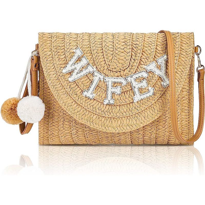 English letters BRIDE MRS WIFEY straw shoulder bag bachelorette party_autovado.com