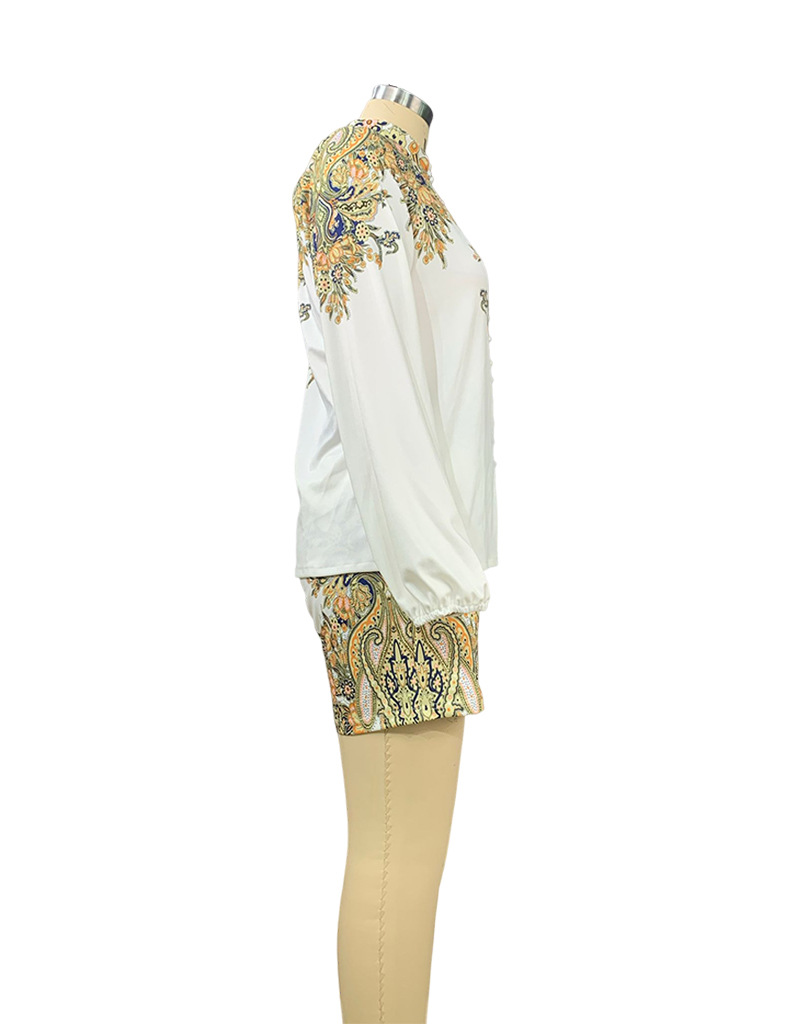 Women's printed long-sleeved blouse and shorts set two-piece_autovado.com