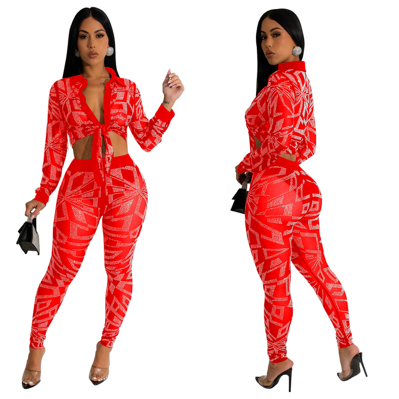 Women's Clothing fashion women's solid color mesh hot diamond long-sleeved trousers two-piece set_autovado.com