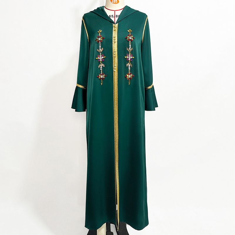 A815 dark green trumpet sleeves front slit walnut satin robe Dubai party banquet dress_autovado.com