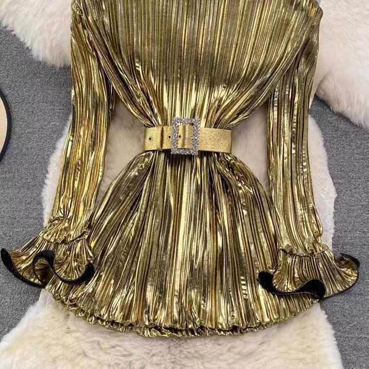 Women's round neck pleated stitching glossy waist style short dress_autovado.com