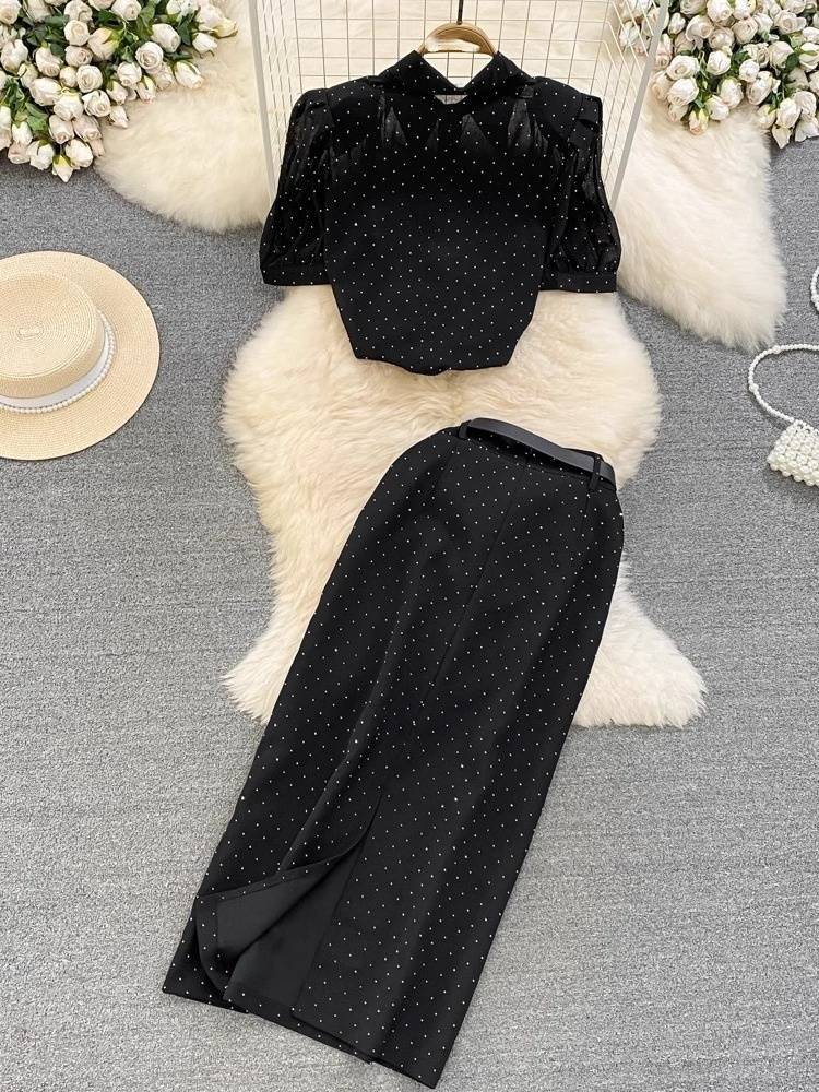 Women's Clothing light mature style, bubble short sleeves, single breasted, polka dot chiffon shirt, two piece suit_autovado.com