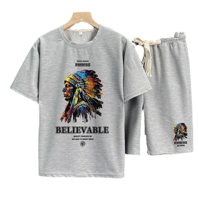 Men's Clothing waffle polo shirt short sleeved T shirt set summer loose clothes tops and pants suits for men_autovado.com