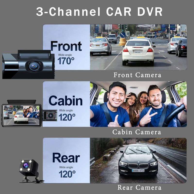 Driving recorder HD 1080P with WiFi with display three-recording three-lens car front car rear reversing image_autovado.com