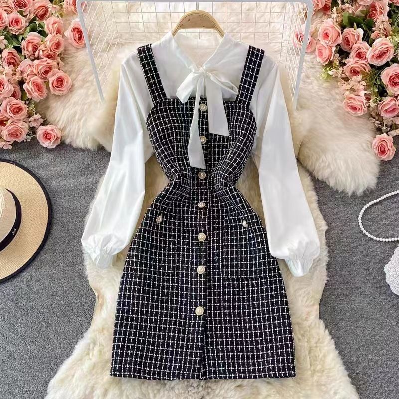 Women's temperament bow tie shirt two-piece suit tweed plaid suspender dress_autovado.com