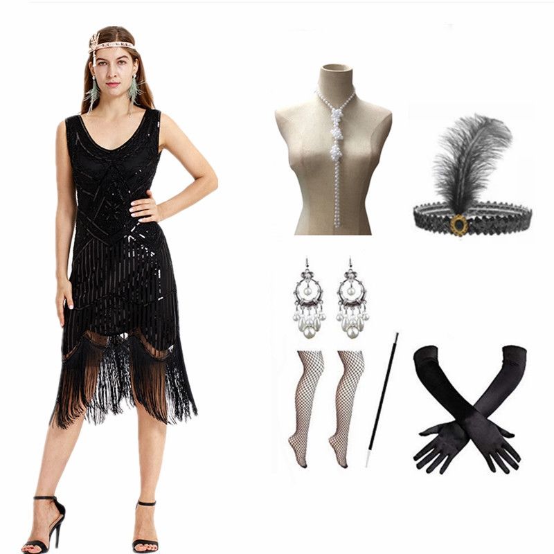 1920s retro prom party evening dress handmade beaded sequin tassel dress_autovado.com