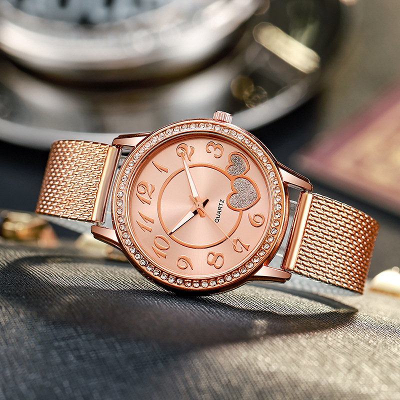 peach heart mesh quartz watch student rose gold Love Diamond women's watch_autovado.com