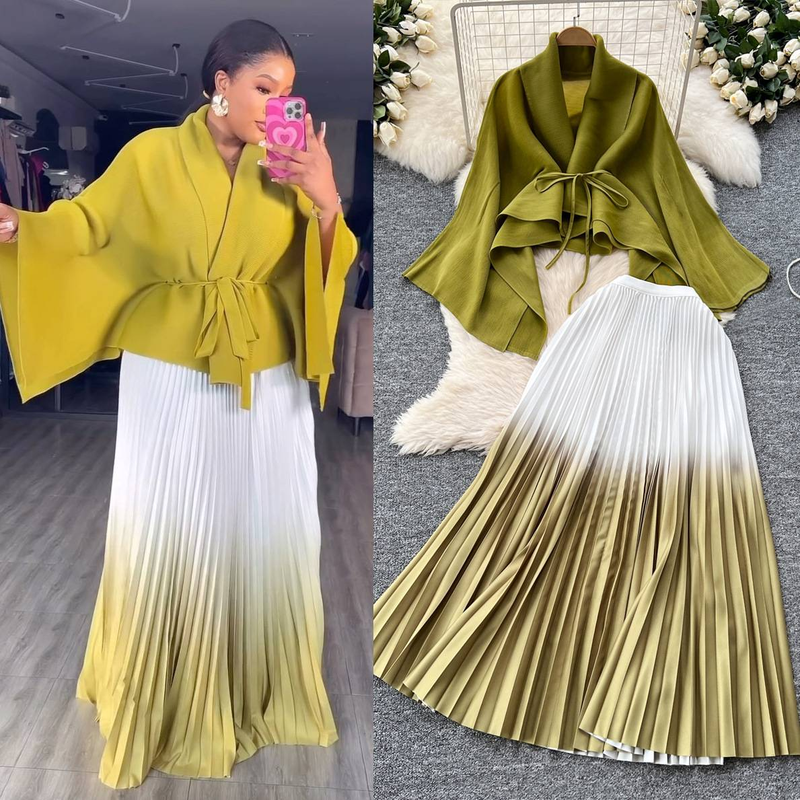 Ruffled Butterfly Sleeve Gradient Tie Cape Short Coat Top + Gradient Pleated Skirt Two-piece Suit_autovado.com