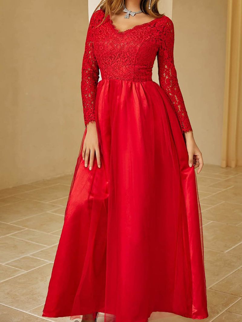 Women's new clothing mesh lace long sleeve wedding wedding dress red evening dress_autovado.com