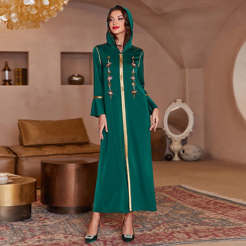 A815 dark green trumpet sleeves front slit walnut satin robe Dubai party banquet dress_autovado.com