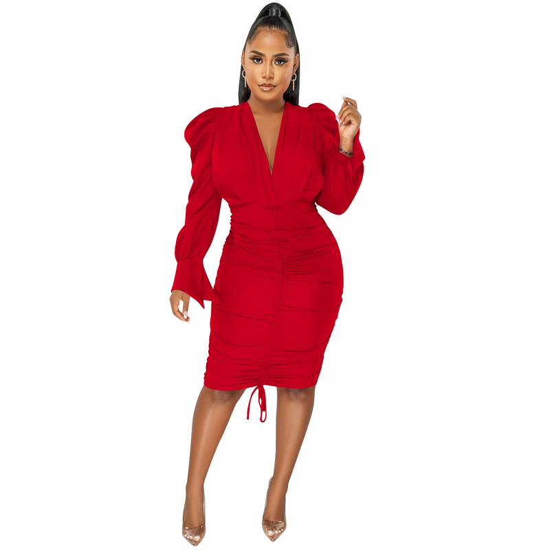 Women's Clothing fashion casual solid color long-sleeved pleated V-neck dress for women_autovado.com