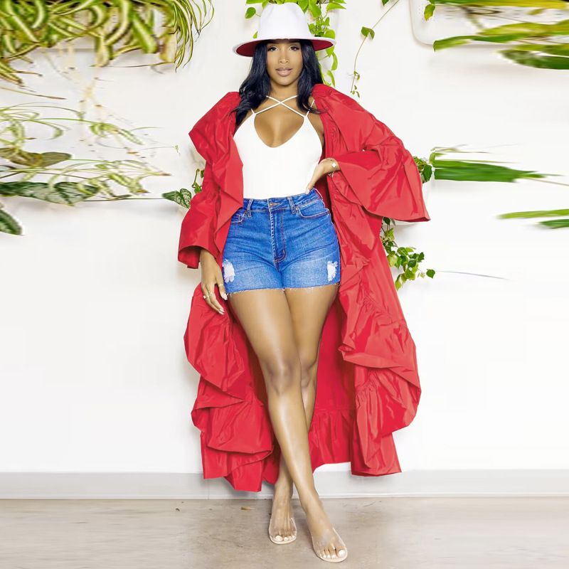 Women's Clothing new women's long windbreaker autumn new solid color ruffled shawl coat_autovado.com