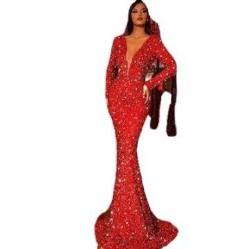 Women's Clothing Women's Dress Fishtail Edge Red Sparkling Long Sleeve V-neck Dress Long Skirt_autovado.com