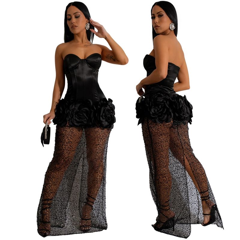 Tube Top Solid Color Satin Fabric Stitching Mesh Skirt Dress For Women, Fashionable Model_autovado.com