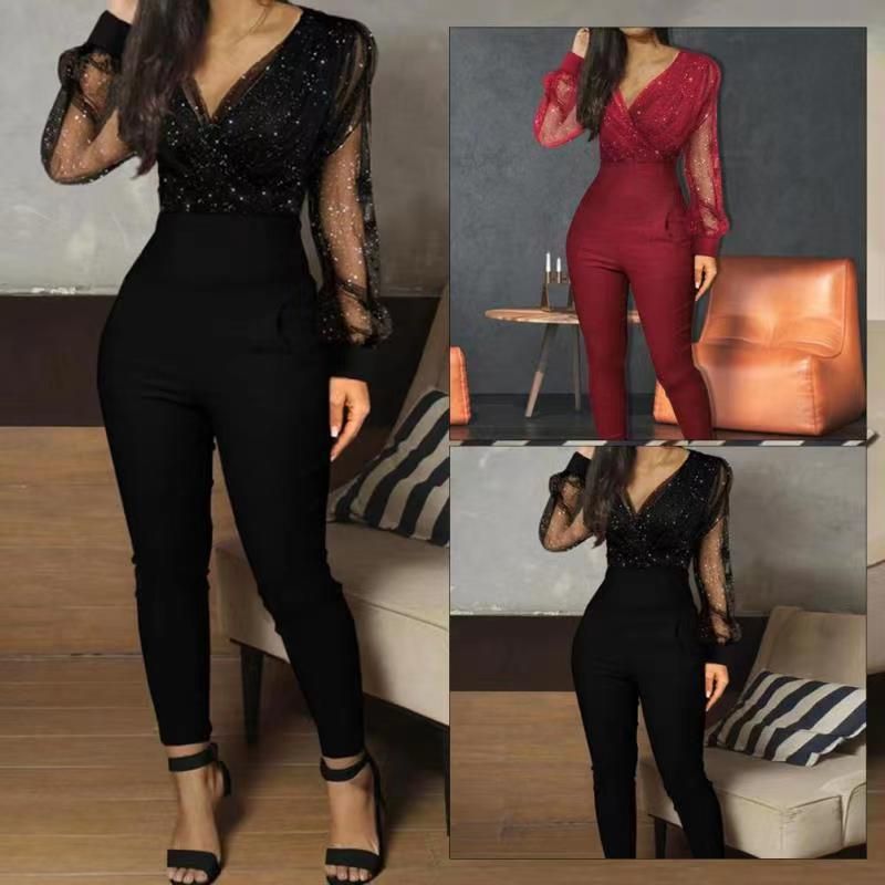 Women's Clothing new solid color V neck mesh slim long sleeved jumpsuit trousers large stock_autovado.com