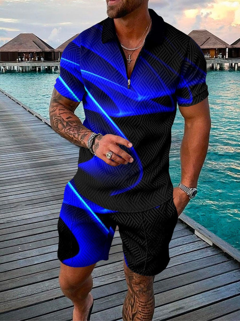 Men's Fashion Casual Suit 3D Printed Zipper Short Sleeve Polo Shirt Shorts 2-Piece Set_autovado.com