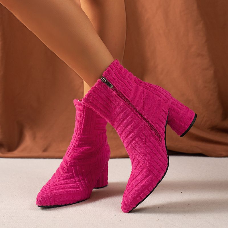 New autumn and winter boots foreign trade large size women's pointed high heel fashion towel boots side zipper thick heel boots_autovado.com