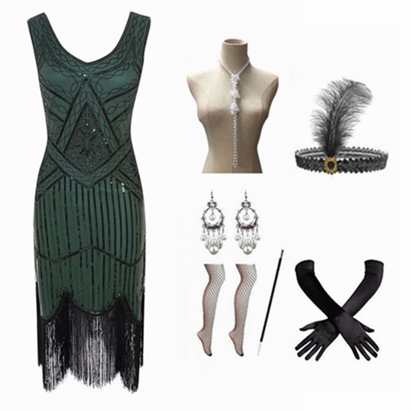 1920s retro prom party evening dress handmade beaded sequin tassel dress_autovado.com