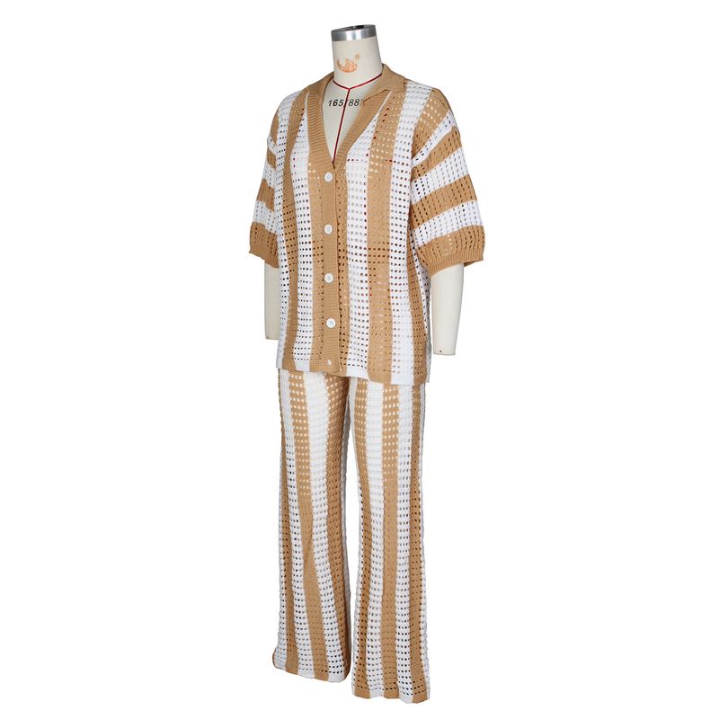 Women's Clothing sexy ladies V-neck hollow striped lapel knitted wide pants suit_autovado.com