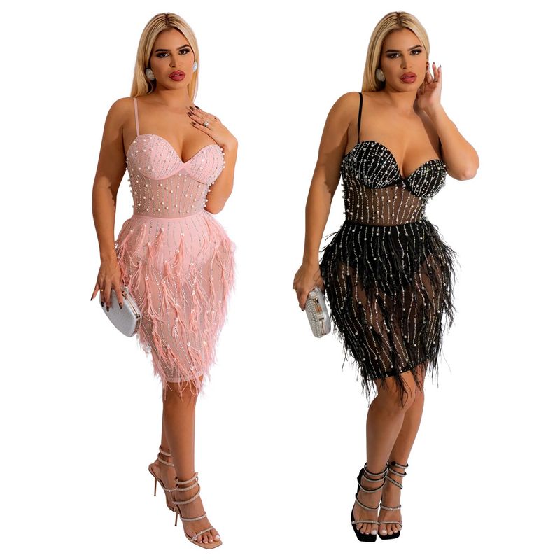 Women's Clothing sleeveless suspender hot diamond feather dress for women_autovado.com