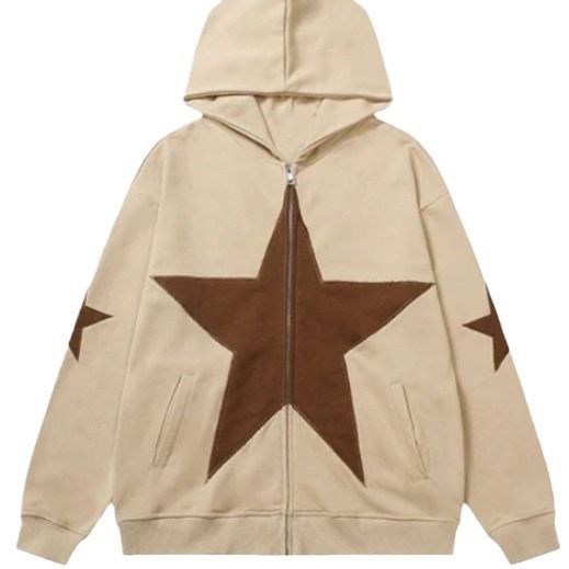 Street oversized loose fitting women's pentagonal star patch embroidered printed hoodie personality zipper sweater men's_autovado.com