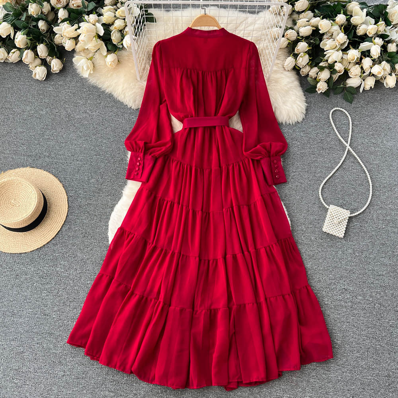 Women's V-neck Single Breasted Chiffon French Vintage Waist Slimming Big Swing A-line Long Skirt_autovado.com