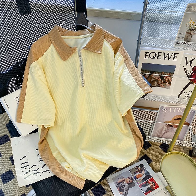 Men's Clothing Waffle sports suit summer men's clothing color matching lapel short sleeved T shirt set with handsome casual shorts_autovado.com