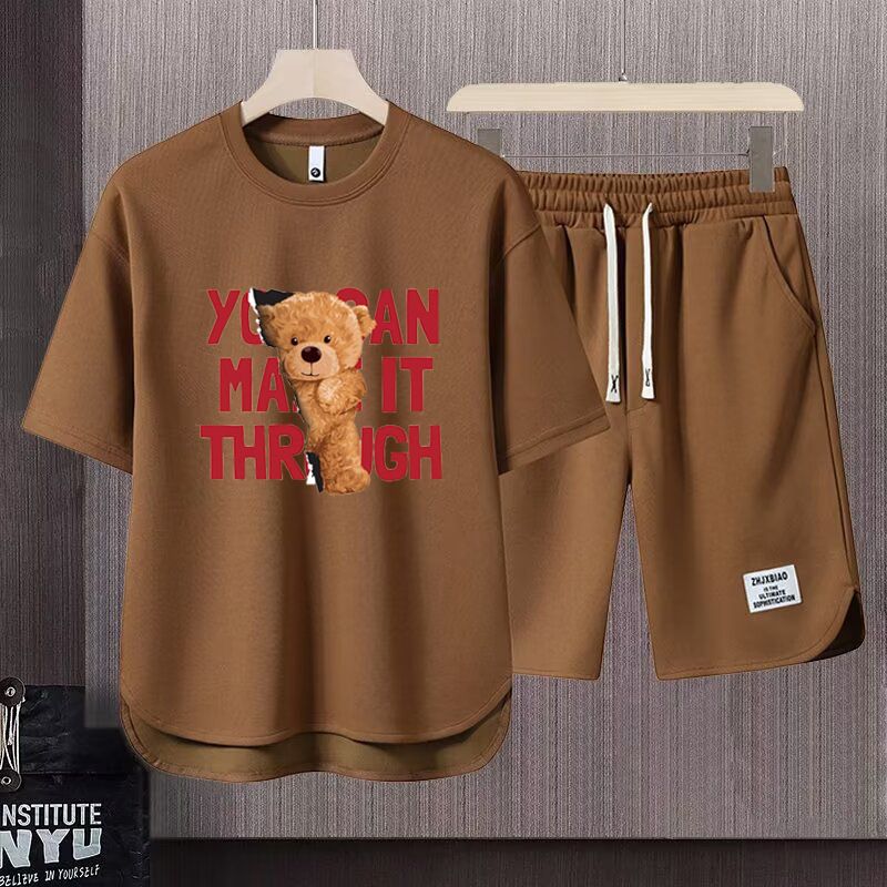 Men's Clothing 2024 Waffle Casual Summer Suit Men's Loose Teen Short sleeved T shirt Shorts Handsome Two piece Suit_autovado.com